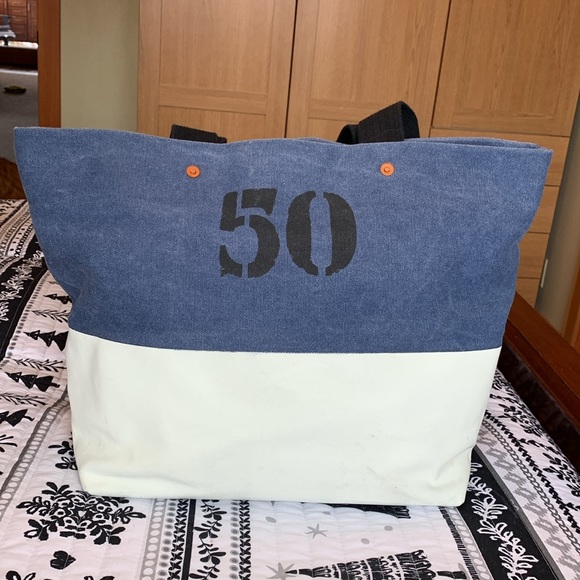 FEED Projects Blue Jean and White Canvas Coated Tote Handbag - Picture 2 of 12